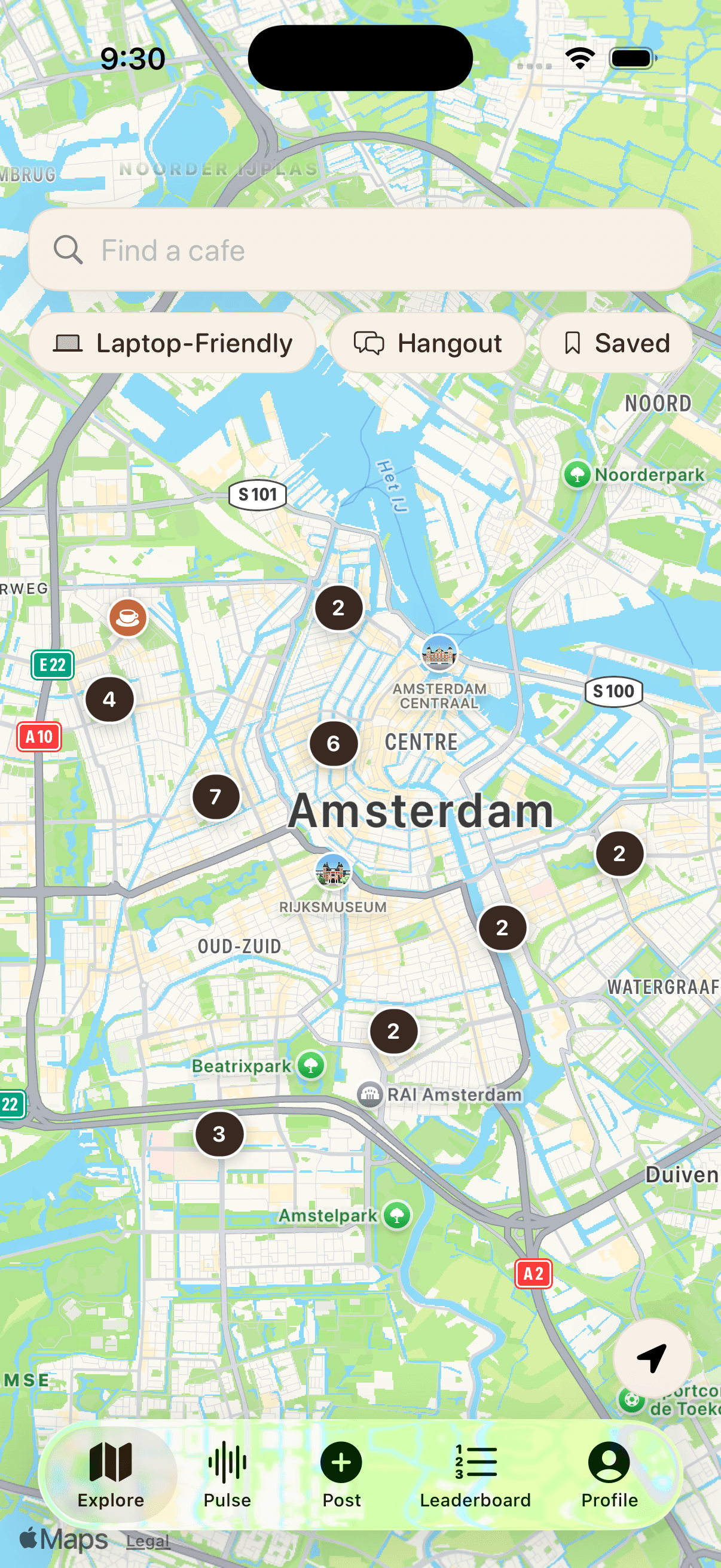 Chiru explore map showing cafes across Amsterdam.