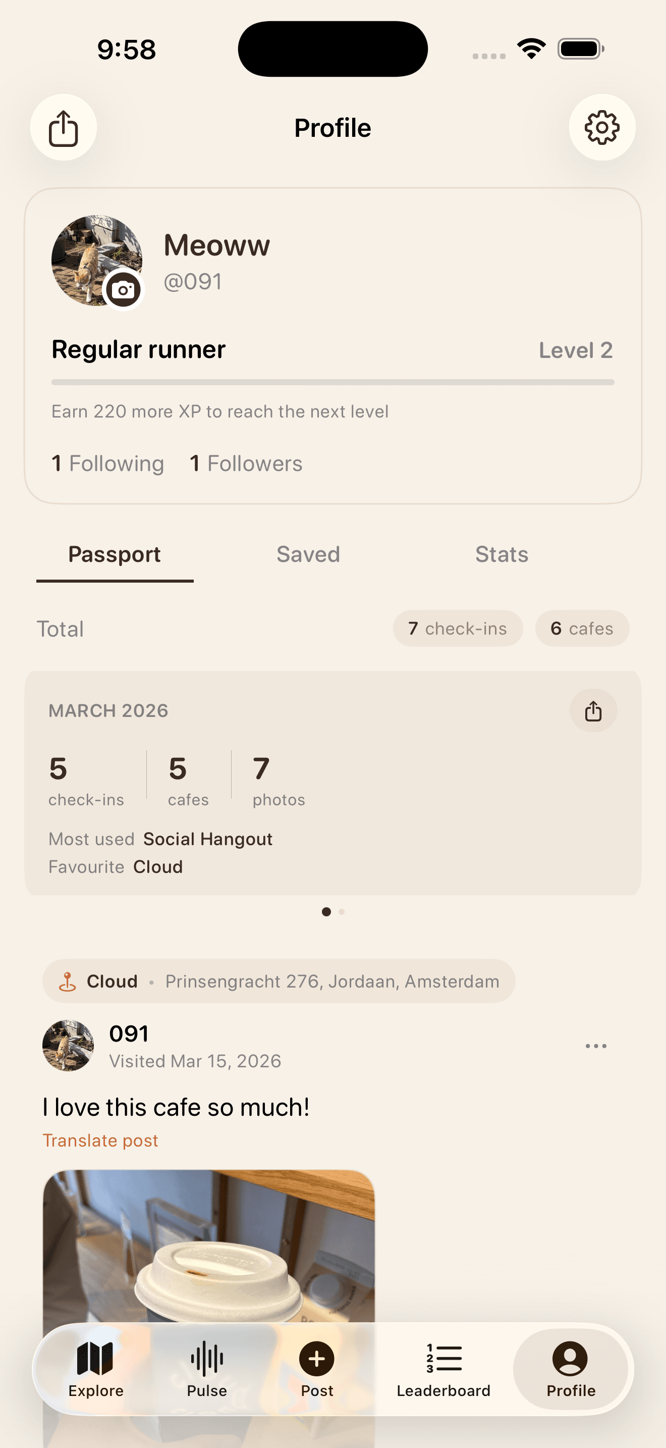 Chiru profile and passport view with check-in history.