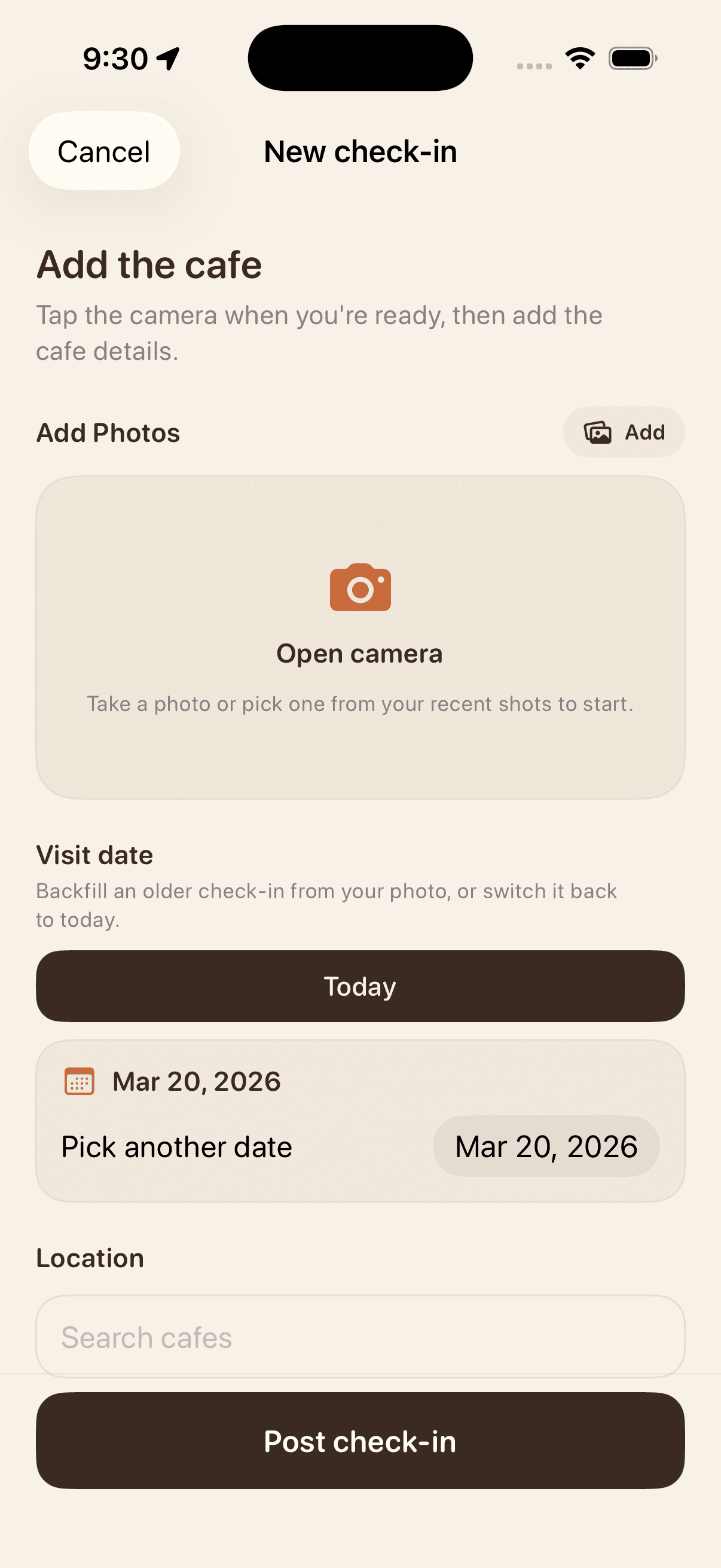 New check-in flow with photo, date, and cafe fields.